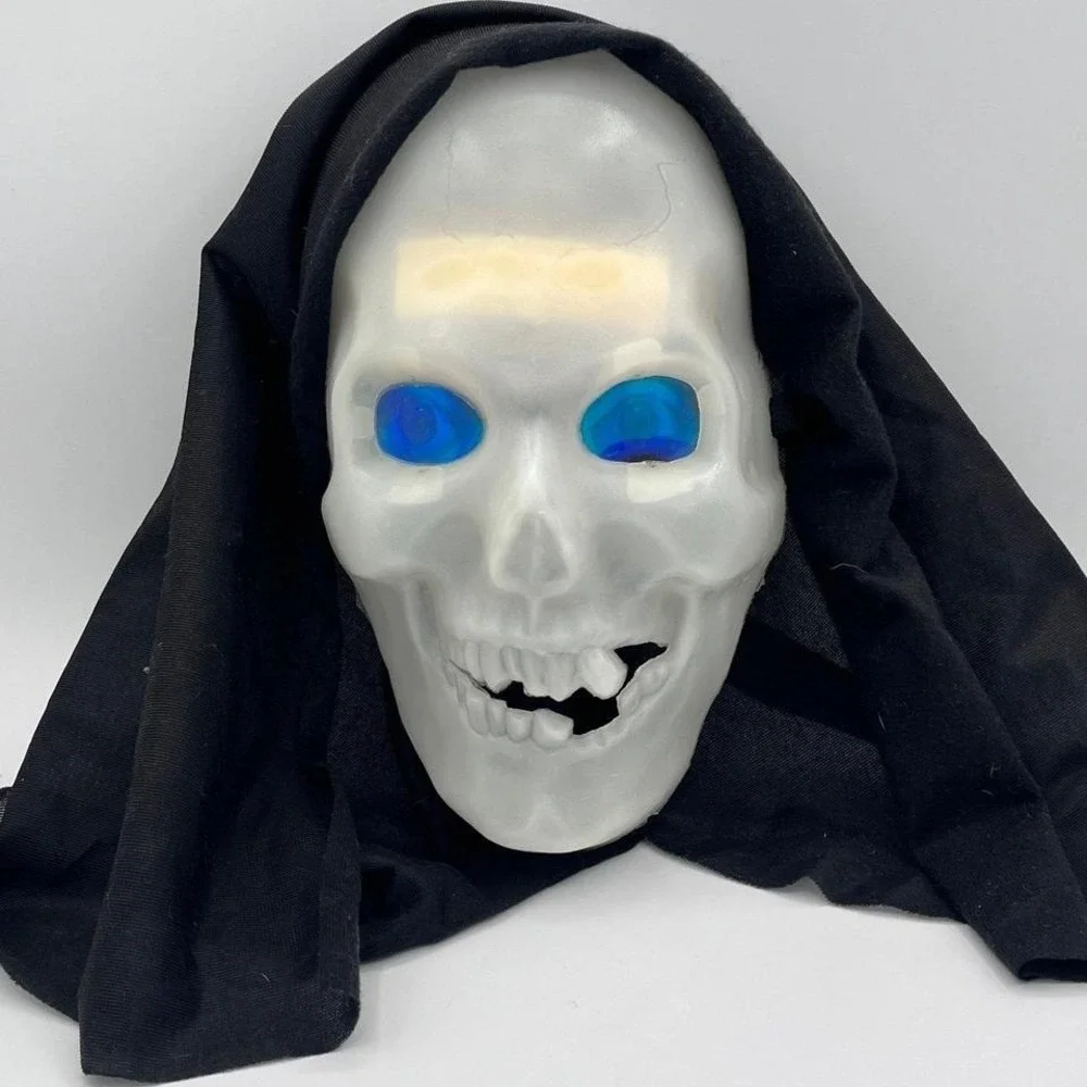Vintage Light-Up Skull Mask with Blue Eyes & Black Hood – Halloween Costume Prop